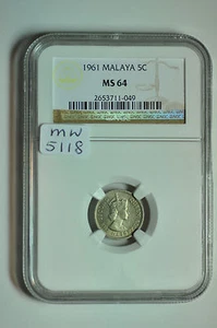mw5118 Malaya; 5 Cents 1961 NGC MS64 - Picture 1 of 3