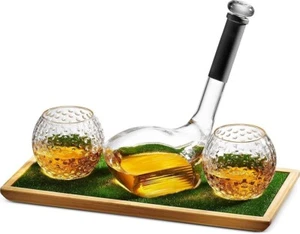 GOLF THEMED DECANTER & 2 GLASSES GOLF CLUB & BALL SHAPED W/ GREEN PUTTING GREEN - Picture 1 of 13