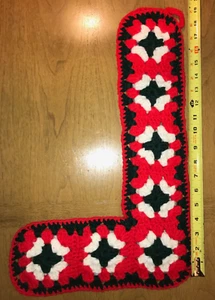 Vintage CHRISTMAS Stocking Granny Square Crochet -Handmade - White Red Green 19" - Picture 1 of 2