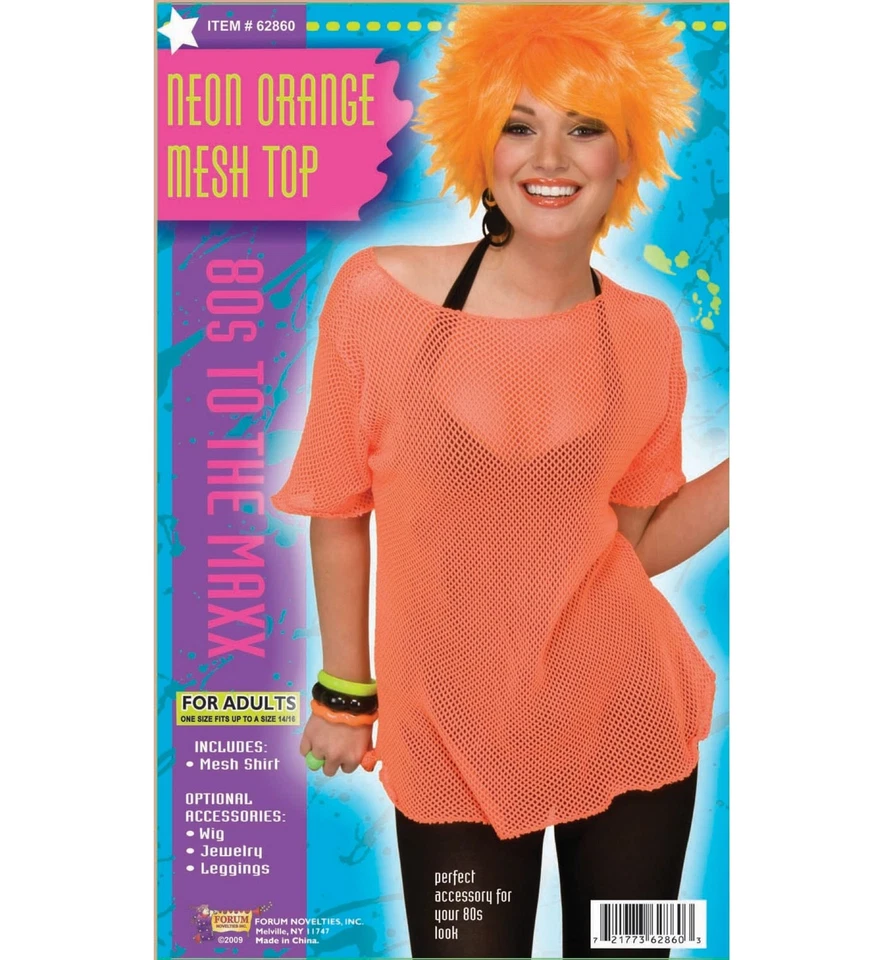 Neón Naranja Años 80 Disco Punk Adulto Mujer Disfraz Malla Top Camisas Foto 1 de 1
