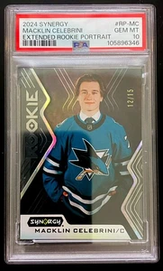 Macklin Celebrini 2024 UD Synergy RC Extended Rookie Ritratto 12/15 PSA 10 POP2 - Foto 1 di 3