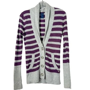 American Eagle Outfitters Women's Striped Cardigan Sweater Gray Purple Small - Picture 1 of 12