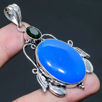 Pendente In Argento Sterling 925 Con Gemma Di Chalcedonio Viola E Diopside 2.49" - Immagine 1 di 4