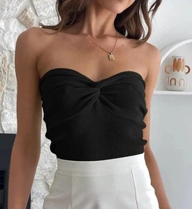 NWT EFAN Women’s Black Tube Top Twist Knot Front Knit Strapless Crop Top -Medium - Picture 1 of 5