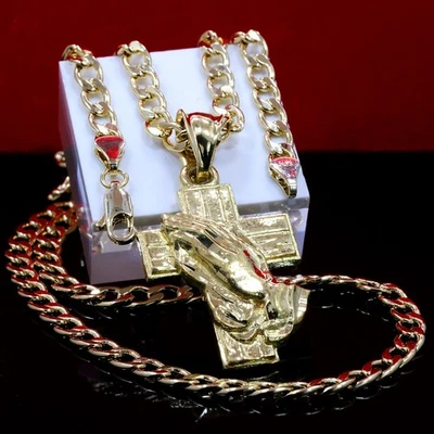 Colgante de mano de oración de cruz de 14k enchapado en oro encanto cadena gargantilla de eslabones cubanos de 20" 212 Foto 1 de 4