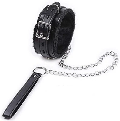 ЧЕРНЫЙ кожаный ошейник пушистый ожерелье воротник регулируемый с цепочкой готический - Изображение 1 из 2