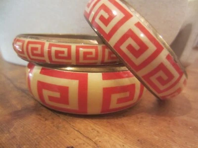 Vintage Brass Greek key bangles Set of 3. Brass Orange Bracelets - Image 1 of 4