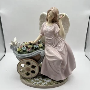 O'Well grande figura di angelo in porcellana seduto su carrello di fiori - Foto 1 di 14
