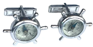 VINTAGE SWANK SILVER TONED NAUTICAL THEME SHIPS WHEEL WORKING COMPASS CUFFLINKS - Picture 1 of 4
