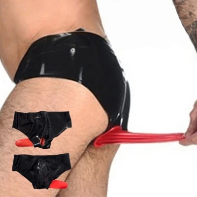 Latex Rubber Briefs Front Zip Male's Shorts w/ Anal Tube Condom Underwear 0.4mm - Image 1 of 4