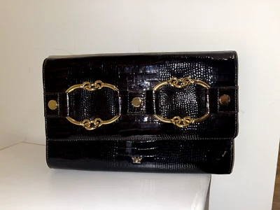 Elaine Turner - Black Leather - Croc Pattern - Clutch - Horse Bit Details - Image 1 of 3