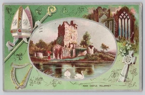 Postcard ST. PATRICK's DAY  embossed  ROSS CASTLE Killarney - Picture 1 of 3