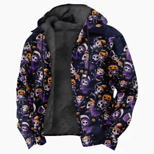 Men's Purple Skull Print Winter Fleece Lined Hoodie Sweater Zip Jacket Halloween - Picture 1 of 6