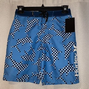 Hurley Boys Blue Checkered Sharks Swim Board Shorts 7” Inseam Sz 10 - Picture 1 of 5