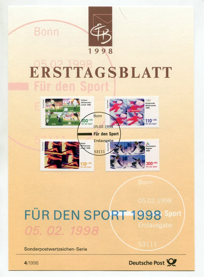 ALEMANIA FEDERAL, RFA, 1998, DEPORTES, 4 Sellos, 1800/1803, DOCUMENTO 1° DÍA - Imagen 1 de 1