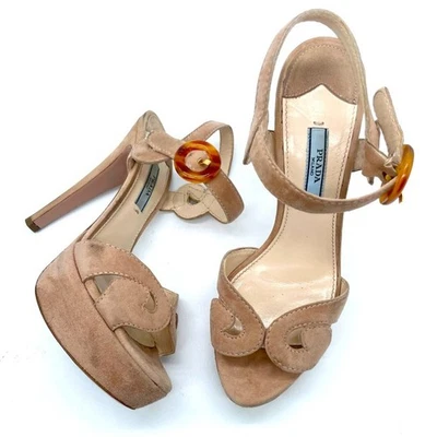 Prada Beige/ Tan Suede leather platform strappy ankle strap sandals heels 37 - Image 1 of 4