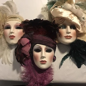 CLAY ART San Francisco MASK LOT 3 Flapper Girl Wall NWT 1920s Women Feathers - Picture 1 of 24