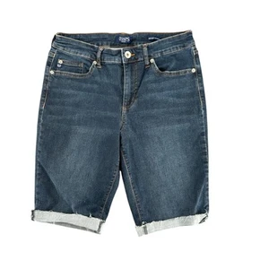 Chaps Denim Shorts Mid-Rise Cuffed Upcycled Custom Size 10 Stretch Dark Wash - Picture 1 of 5