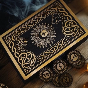 Sköll and Hati  Boxed Wooden wolf sun Viking Rune Set Elder Futhark beginner - Picture 1 of 2