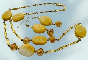 Gelbe Aventurin Stein Perlen Halskette 21 Zoll mit bernsteinfarbenen Kristallen & Ohrringen - Bild 1 von 10