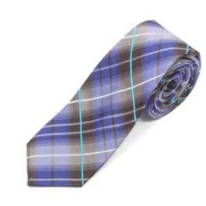 BEN SHERMAN Blue Brown Plaid Preppy Skinny Men's Silk Neck Tie - Picture 1 of 4