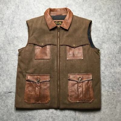 Scully Western Vest Mens XL Brown Cotton Melange Leather Pockets Heavy Full Zip - Image 1 of 4