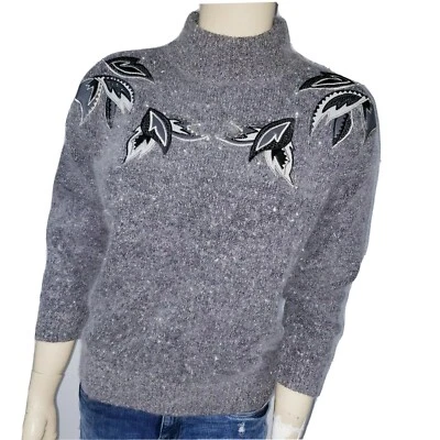 Suéter Vintage Seda Angora Lana de Cordero Mujer Gris Medio Cuello Simulado Fiesta Privada Foto 1 de 4