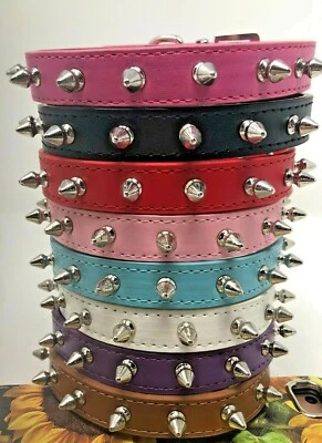 Dog Collar Spikes Studded Rivets Adjustable Faux Leather XS S M L  8 Colors - Image 1 of 4
