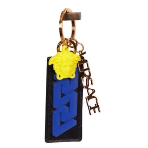 NEW $425 VERSACE Black Leather w/ Blue Rubber LA GRECA MEDUSA Key Ring Keychain - Picture 1 of 15
