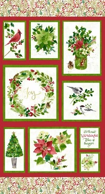 Merry & Bright Christmas Cardinal Fabric Metallic by the 24" Panel  #Y2694-55M - Image 1 of 3