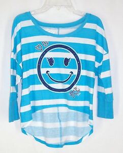 Girls Justice Top 12  Smiley Face Rhinestone Bling Striped Blue White