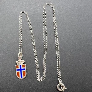 MEKA Denmark Sterling Silver Viking Ship Norway Flag Enamel Small Necklace - Picture 1 of 3