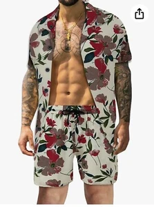 Atwfo Men's XL Hawaiian Shirt and Short 2 Piece Vacation Outfits Sets Floral - Picture 1 of 10