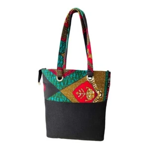 Damenhandtasche schwarz Blumen Boho afrikanisches Muster Schultertasche Strandkorb - Bild 1 von 4