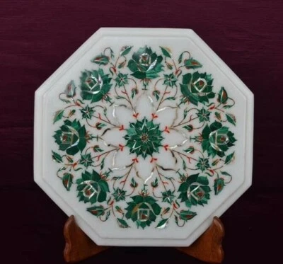 12" Marble corner Table top handmade floral inlay semi precious stones - Image 1 of 3