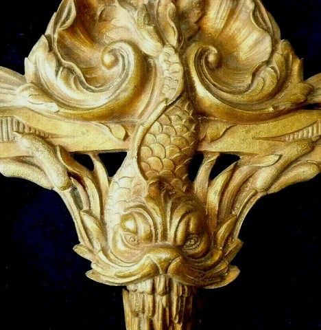 FRENCH BRONZE/BRASS DECOR MOUNT PEDIMENT CATFISH in a SHELL 28 x 24cm Cover