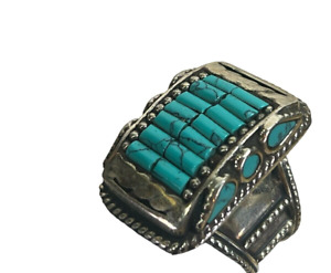 vtg artisan hand made silver rectangle turquoise large statement ring sz 9