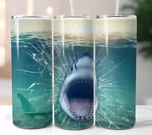 Shark Broken Glass 20oz Tumbler Travel Mug Stainless Steel Cup Straw Lid - Picture 1 of 4