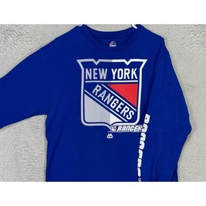 New York Rangers Mens T-Shirt Large Blue Graphic Print Long Sleeve Tee Majestic - Picture 1 of 9