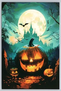 Cartolina moderna Happy Halloween JOL Pipistrelli Grande Luna - Foto 1 di 2