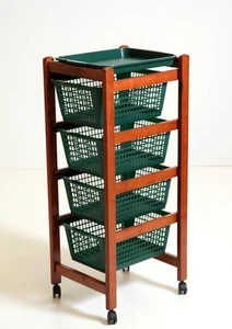 CARRELLO PORTAFRUTTA JOLLY NOCE LEGNO MASSELLO 4 RUOTE CON CESTELLI VERDI - Foto 1 di 1