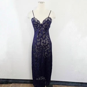 Vintage Victoria's Secret slip dress nightgown navy blue damask sheer M medium - Picture 1 of 5