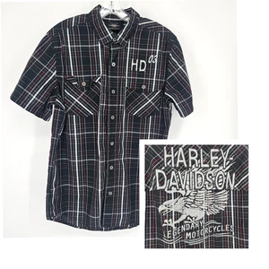 Harley Davidson Shirt Mens Medium Black Plaid HD03 Legendary Motorcycles Eagle - Picture 1 of 13