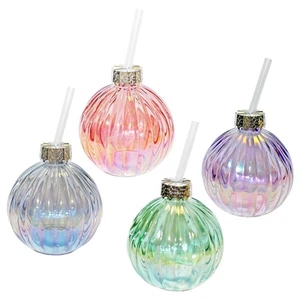 Christmas Bauble Drinking Glass Set of 4 with Straw Pearlescent Colours - Picture 1 of 5