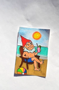 ACEO Original Art Gnome on Beach Mixed Media Not a print - Picture 1 of 3