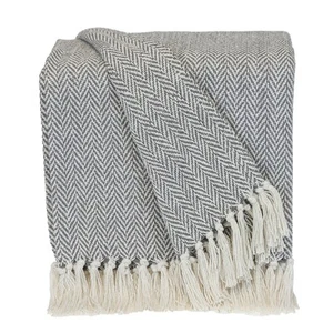 Handloomed Light Gray Cotton Throw Blanket with Tassels - Picture 1 of 7