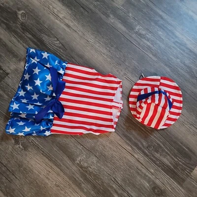 Red White Blue Patriotic Doggie Dress Costume w Hat Size M  - Image 1 of 2