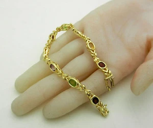 Solid 14k Yellow Gold Multi Color Gemstone Bracelet 7.25" long 15.3 grams - Picture 1 of 10