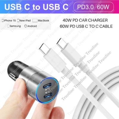 40W USB-C Fast Car Charger Type-C Cable For iPhone 15 Pro Max Plus iPad Samsung - Image 1 of 4