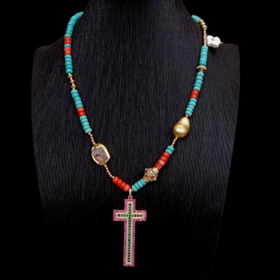 Multi Stone Cz Pave Cross Pendant Necklace 19" Gemstone Handmade Fashion Jewelry - image 1 of 4